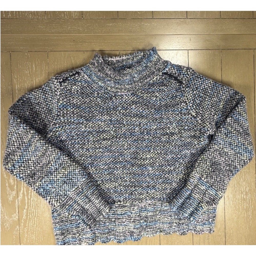 Free people Sweater Women XS Blue Gray Marled Mock Neck Knit Cozy Boxy Boho